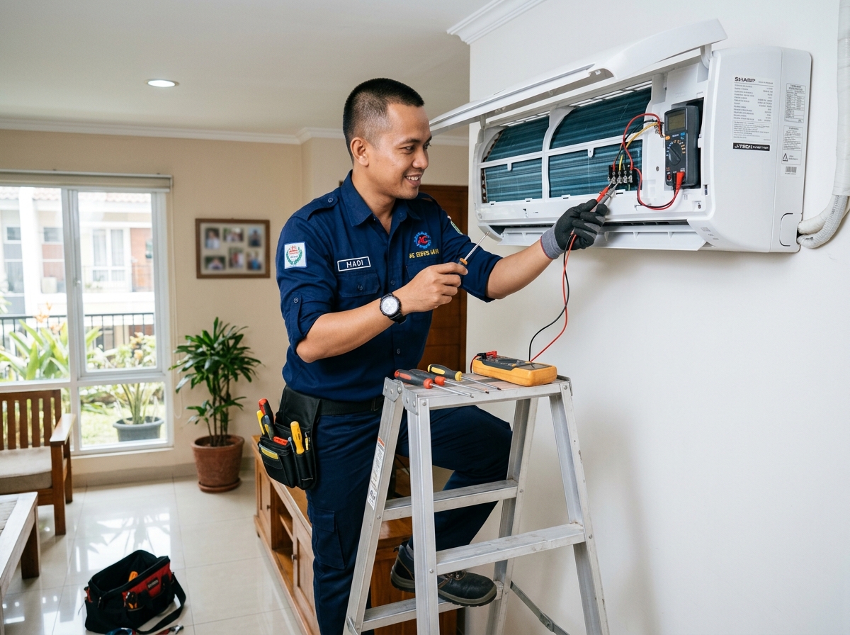 Teknisi profesional sedang memperbaiki unit indoor AC di Palopo